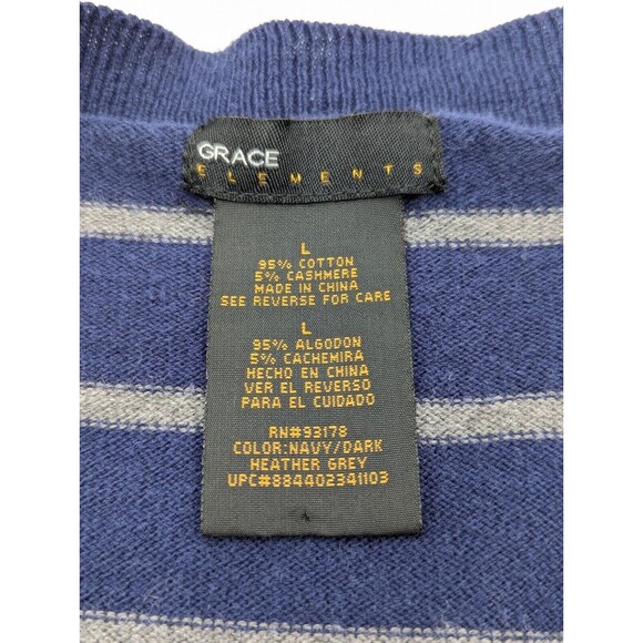 Grace Elements Cotton Cashmere Cardigan Navy Gray Striped Grandpa Sweater Size L - Picture 2 of 6